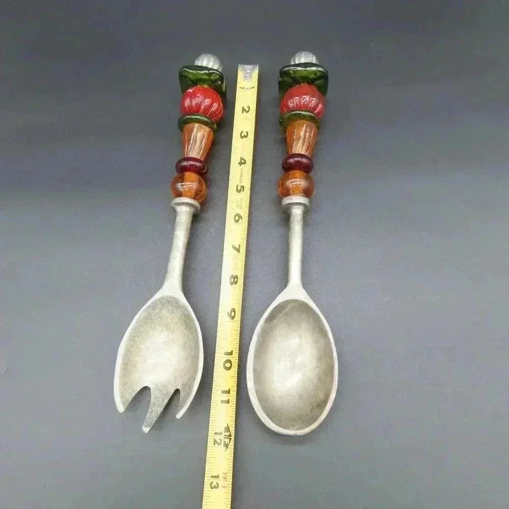 Handcrafted Large Serving Spoon Fork Set with Beaded Handles Vintage MCM
